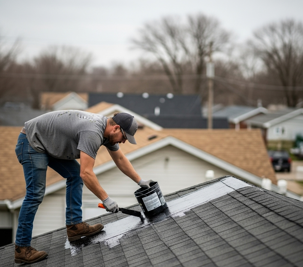 Rockstar Roofing technician repairing storm-damaged roof with tarps on home in Janesville