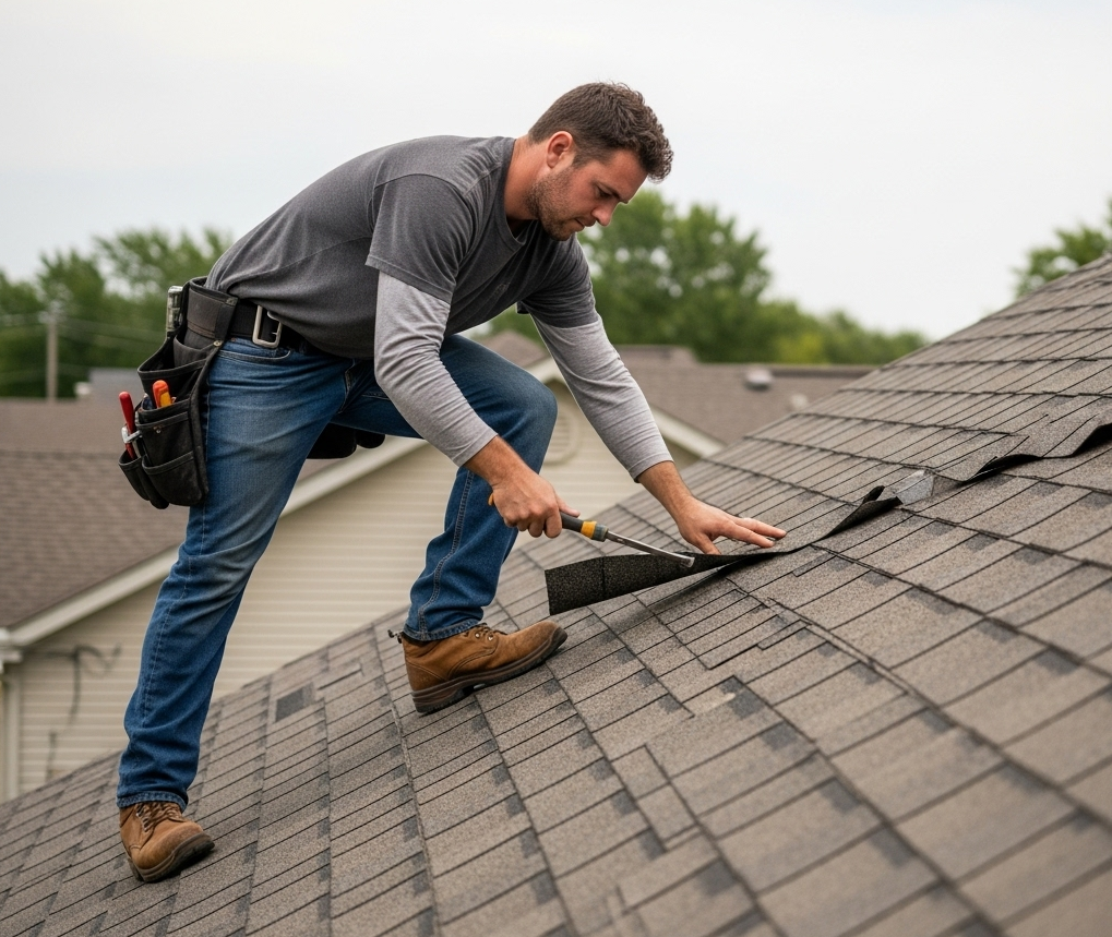 Residential roofing crew installing asphalt shingles on a home in Southern Wisconsin