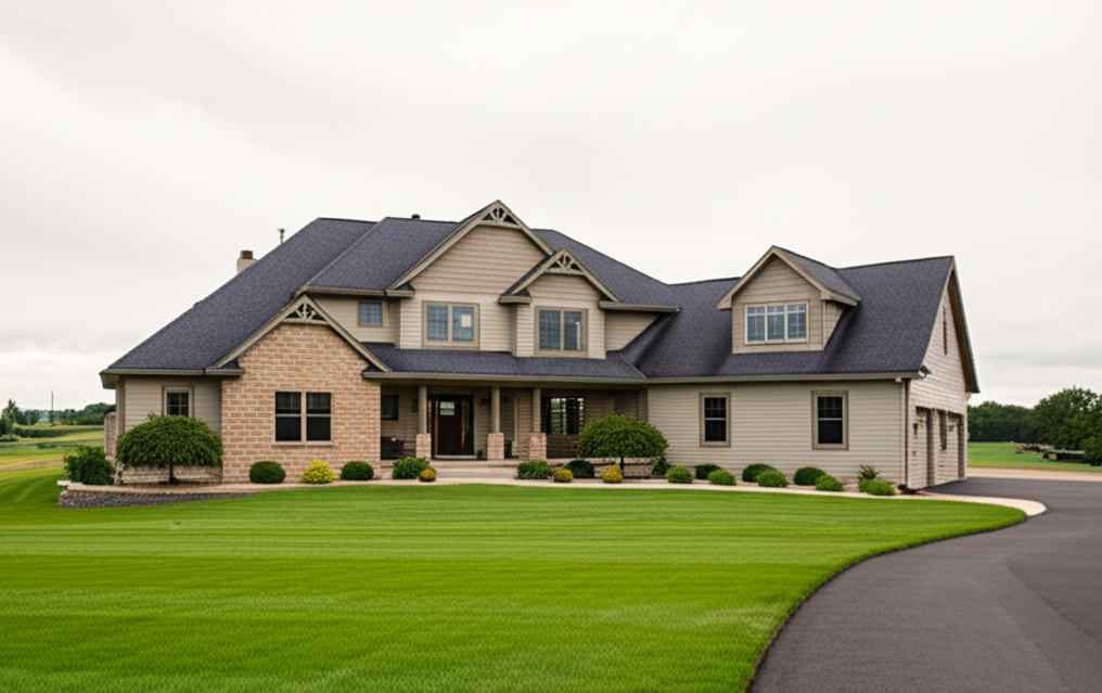 Newly installed rustic asphalt shingle roof on a residential home by Rockstar Roofing in Janesville, WI