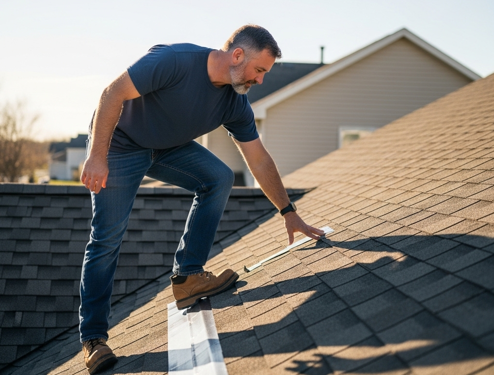 Roof inspector examining shingles with tablet during a roof inspection in Janesville